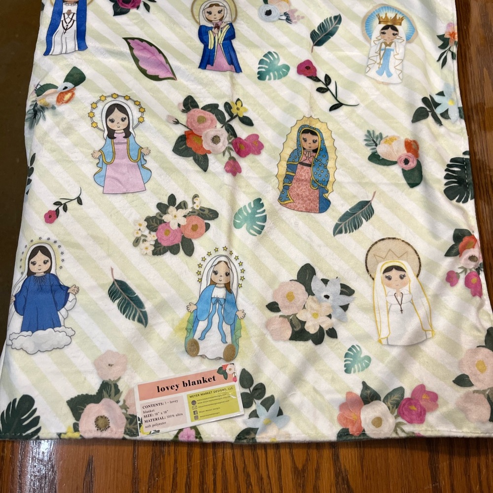 Ivory Baby Blanket Marian Design Religious Prayer Blanket 18”